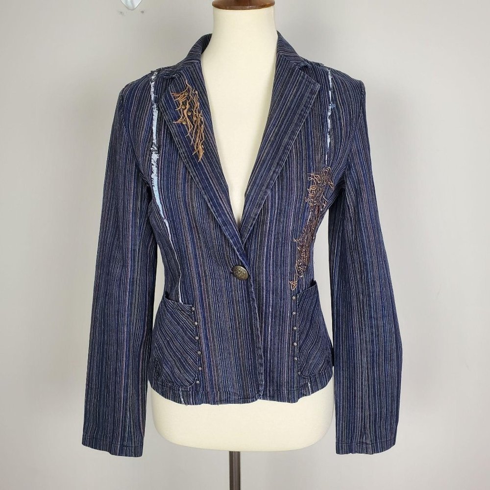 Ceres Blue Brown Striped Embroidered Button Blazer